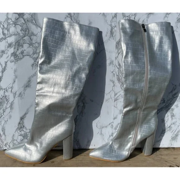 Silver Croc-Embossed Knee-High Boots With Block Heel & Side Zipper Closure size - Picture 2 of 10